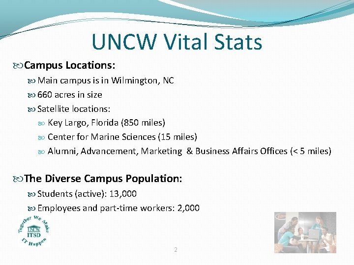 UNCW Vital Stats Campus Locations: Main campus is in Wilmington, NC 660 acres in