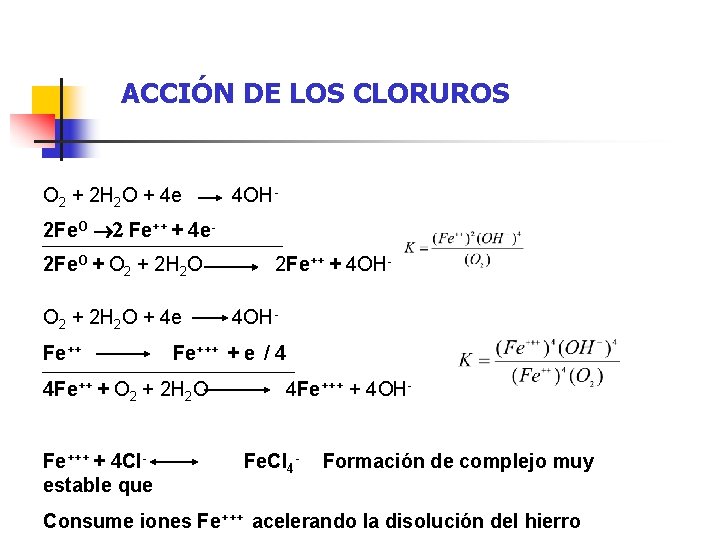 ACCIÓN DE LOS CLORUROS O 2 + 2 H 2 O + 4 e