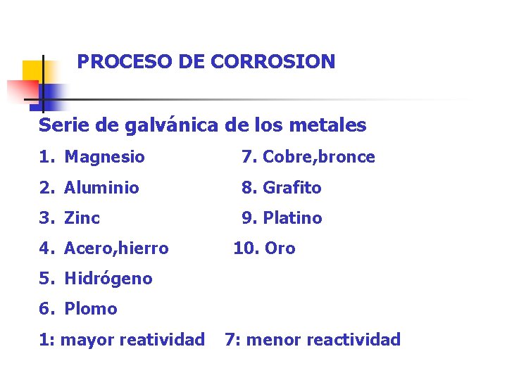 PROCESO DE CORROSION Serie de galvánica de los metales 1. Magnesio 7. Cobre, bronce