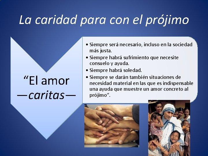 La caridad para con el prójimo “El amor —caritas— • Siempre será necesario, incluso