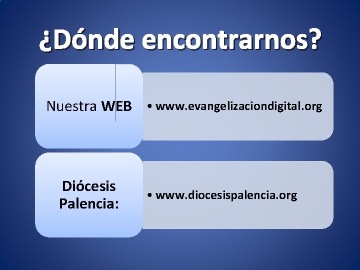 ¿Dónde encontrarnos? Nuestra WEB • www. evangelizaciondigital. org Diócesis Palencia: • www. diocesispalencia. org