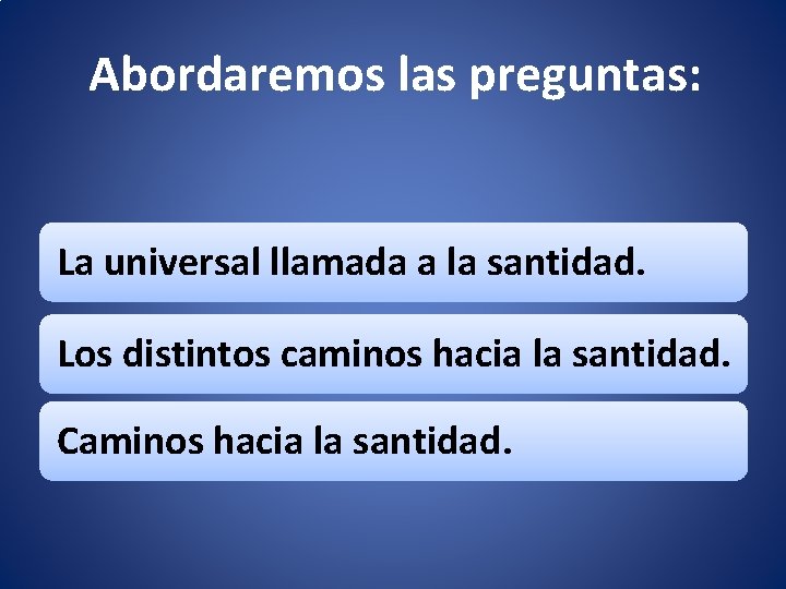 Abordaremos las preguntas: La universal llamada a la santidad. Los distintos caminos hacia la