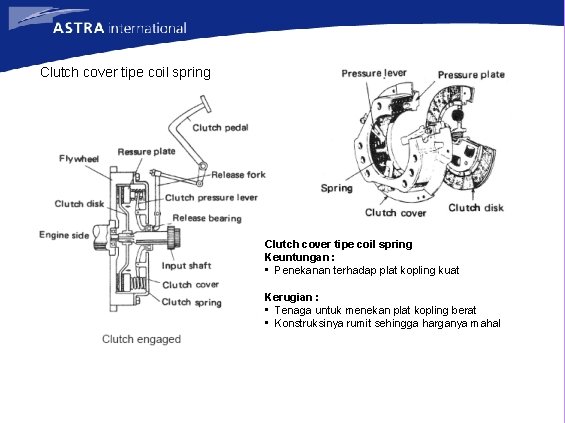 Clutch cover tipe coil spring Keuntungan : • Penekanan terhadap plat kopling kuat Kerugian