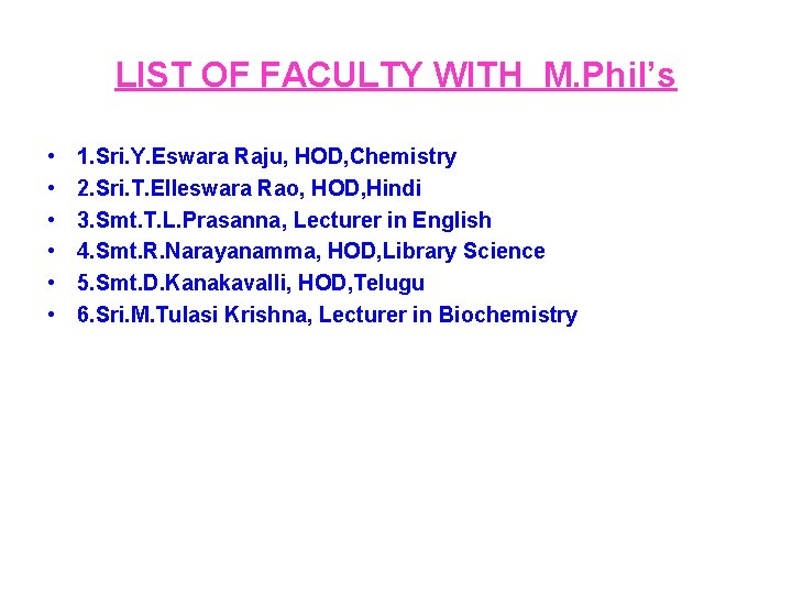 LIST OF FACULTY WITH M. Phil’s • • • 1. Sri. Y. Eswara Raju,