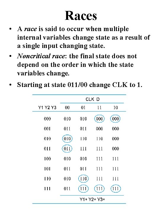 Races • A race is said to occur when multiple internal variables change state
