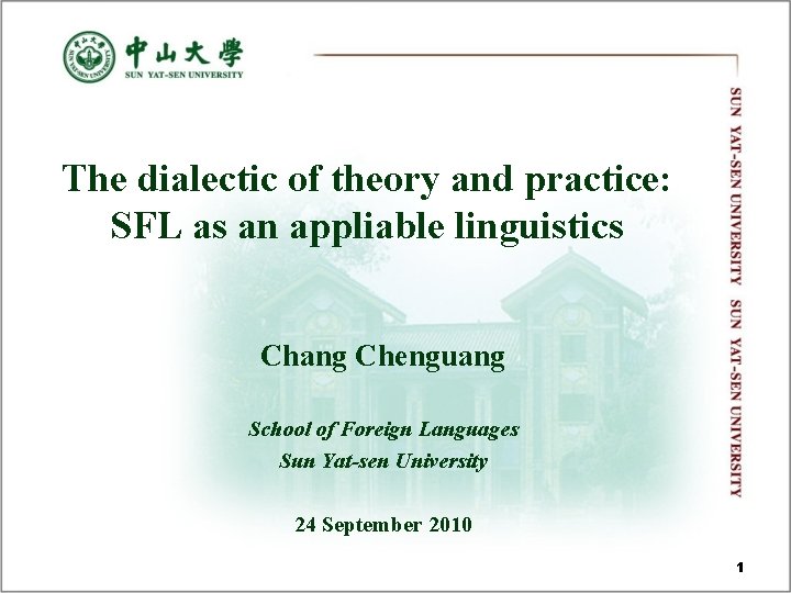 The dialectic of theory and practice: SFL as an appliable linguistics Chang Chenguang School The dialectic of theory and practice: SFL as an appliable linguistics Chang Chenguang School
