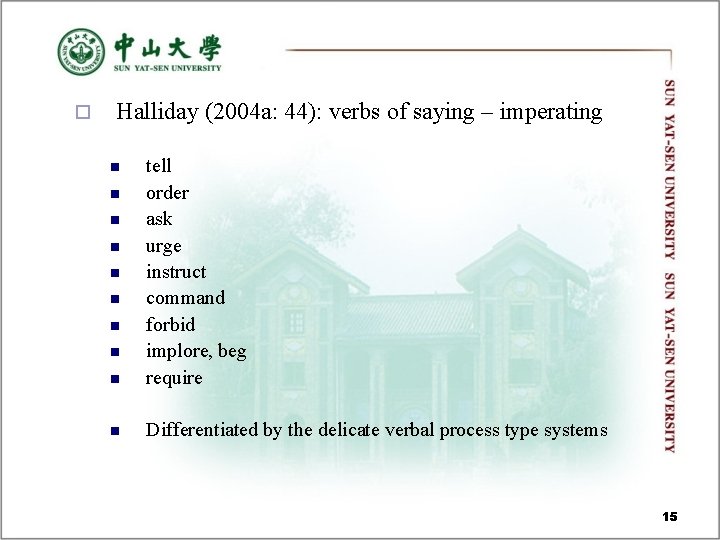 ¨ Halliday (2004 a: 44): verbs of saying – imperating n tell order ask ¨ Halliday (2004 a: 44): verbs of saying – imperating n tell order ask