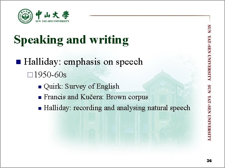 Speaking and writing n Halliday: emphasis on speech ¨ 1950 -60 s Quirk: Survey Speaking and writing n Halliday: emphasis on speech ¨ 1950 -60 s Quirk: Survey