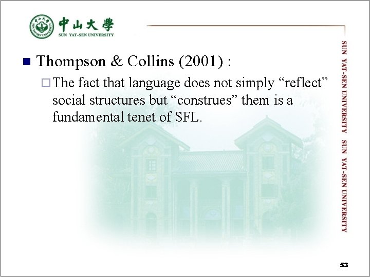 n Thompson & Collins (2001) : ¨ The fact that language does not simply n Thompson & Collins (2001) : ¨ The fact that language does not simply