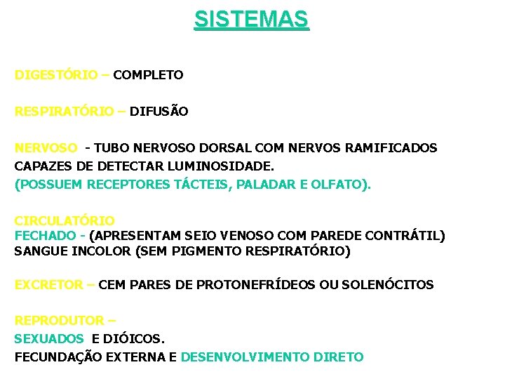 SISTEMAS DIGESTÓRIO – COMPLETO RESPIRATÓRIO – DIFUSÃO NERVOSO - TUBO NERVOSO DORSAL COM NERVOS