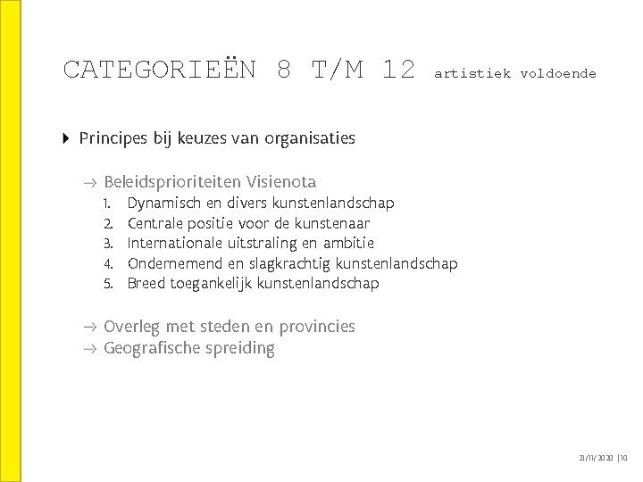CATEGORIEËN 8 T/M 12 artistiek voldoende Principes bij keuzes van organisaties Beleidsprioriteiten Visienota 1. CATEGORIEËN 8 T/M 12 artistiek voldoende Principes bij keuzes van organisaties Beleidsprioriteiten Visienota 1.