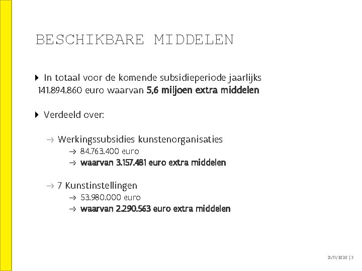 BESCHIKBARE MIDDELEN In totaal voor de komende subsidieperiode jaarlijks 141. 894. 860 euro waarvan BESCHIKBARE MIDDELEN In totaal voor de komende subsidieperiode jaarlijks 141. 894. 860 euro waarvan