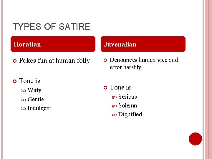 TYPES OF SATIRE Horatian Pokes fun at human folly Tone is Witty Gentle Indulgent