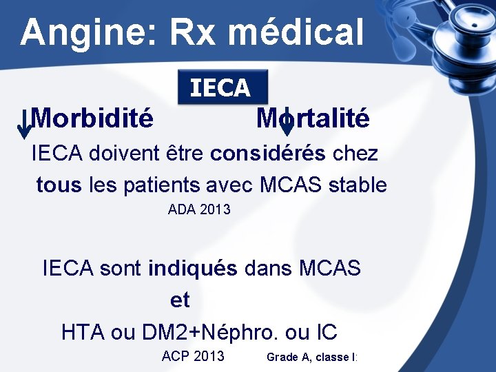  Angine: Rx médical IECA Morbidité Mortalité IECA doivent être considérés chez tous les