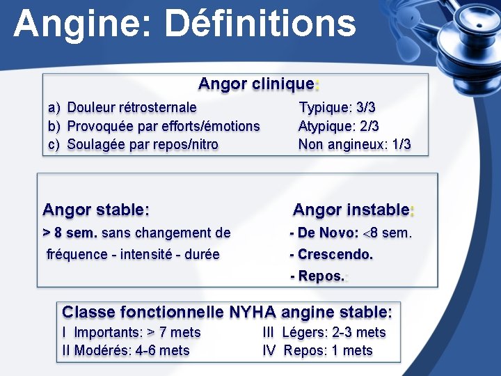  Angine: Définitions Angor clinique: a) Douleur rétrosternale Typique: 3/3 b) Provoquée par efforts/émotions