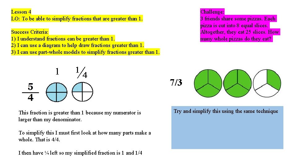 Lesson 4 LO: To be able to simplify fractions that are greater than 1. Lesson 4 LO: To be able to simplify fractions that are greater than 1.