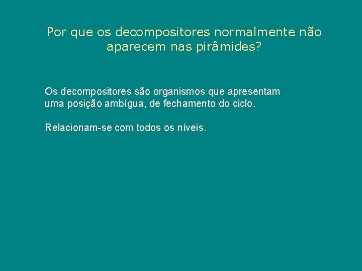 Por que os decompositores normalmente não aparecem nas pirâmides? Os decompositores são organismos que