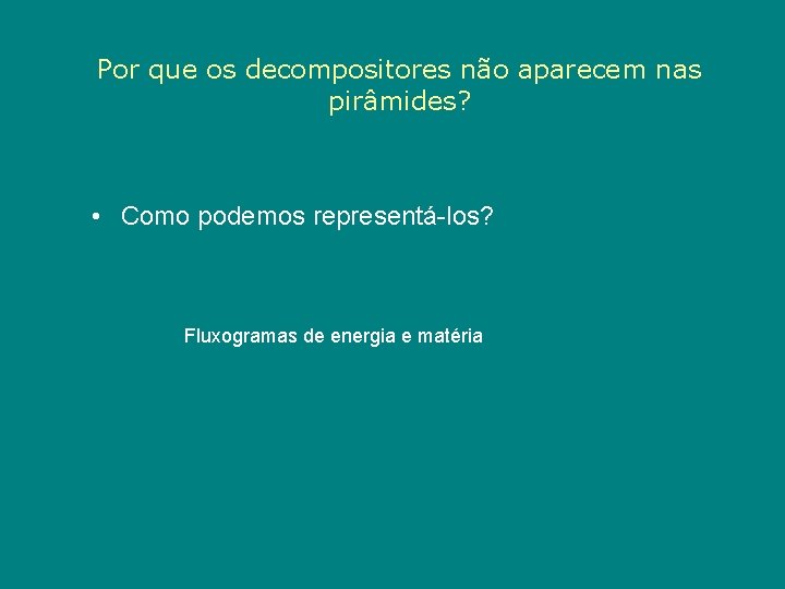 Por que os decompositores não aparecem nas pirâmides? • Como podemos representá-los? Fluxogramas de