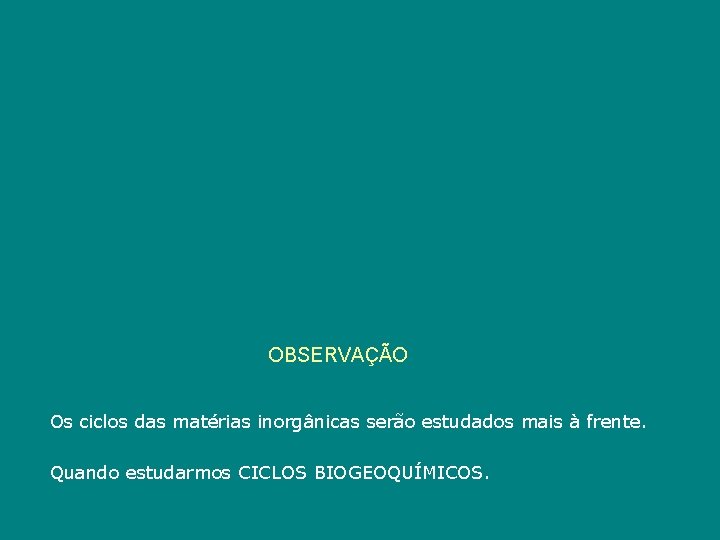 OBSERVAÇÃO Os ciclos das matérias inorgânicas serão estudados mais à frente. Quando estudarmos CICLOS