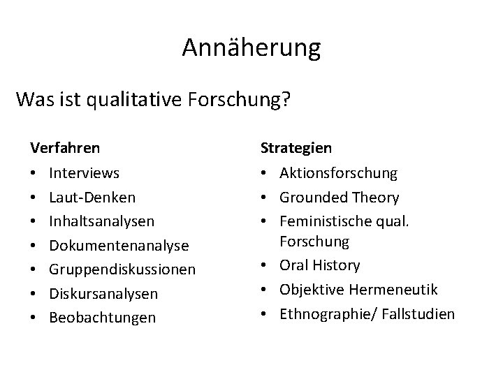 Annäherung Was ist qualitative Forschung? Verfahren • • Interviews Laut-Denken Inhaltsanalysen Dokumentenanalyse Gruppendiskussionen Diskursanalysen