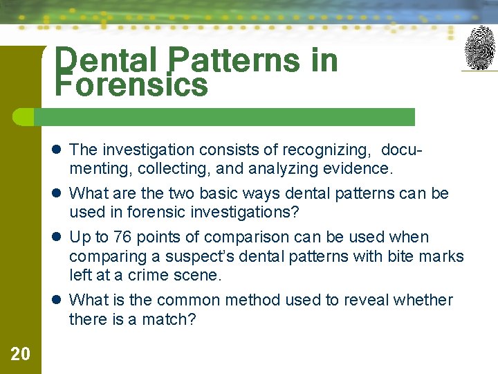 Dental Patterns in Forensics l The investigation consists of recognizing, docu- menting, collecting, and