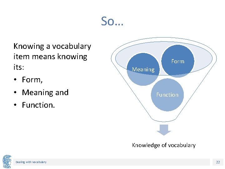 So… Knowing a vocabulary item means knowing its: • Form, • Meaning and • So… Knowing a vocabulary item means knowing its: • Form, • Meaning and •