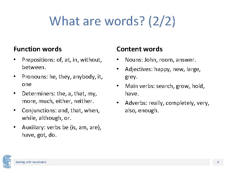 What are words? (2/2) Function words Content words • Prepositions: of, at, in, without, What are words? (2/2) Function words Content words • Prepositions: of, at, in, without,
