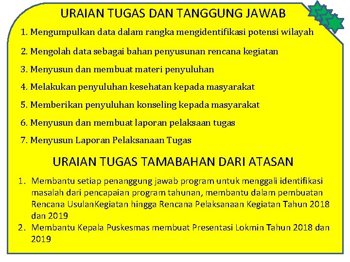 URAIAN TUGAS DAN TANGGUNG JAWAB 1. Mengumpulkan data dalam rangka mengidentifikasi potensi wilayah 2.