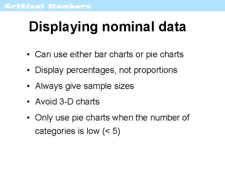 Displaying nominal data • Can use either bar charts or pie charts • Display