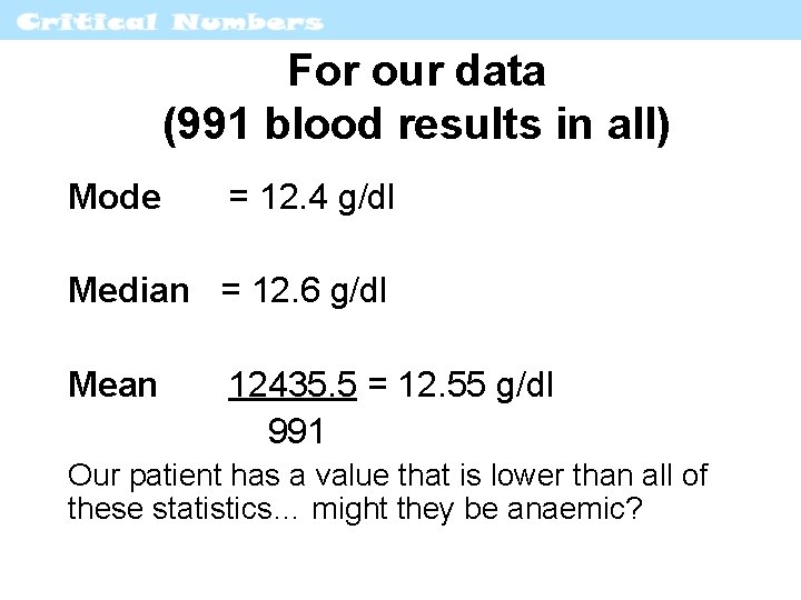 For our data (991 blood results in all) Mode = 12. 4 g/dl Median