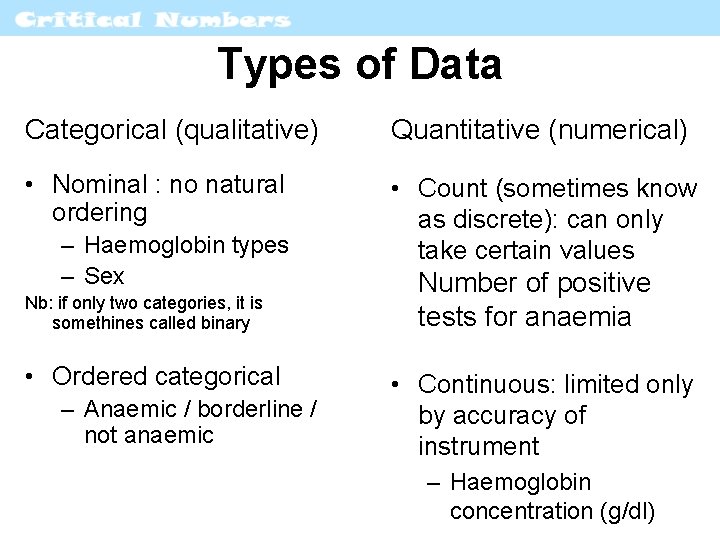 Types of Data Categorical (qualitative) Quantitative (numerical) • Nominal : no natural ordering •