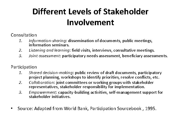 Different Levels of Stakeholder Involvement Consultation 1. 2. 3. Information-sharing: dissemination of documents, public Different Levels of Stakeholder Involvement Consultation 1. 2. 3. Information-sharing: dissemination of documents, public