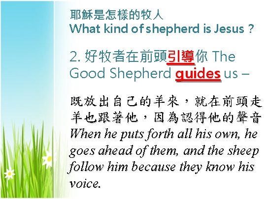 耶穌是怎樣的牧人 What kind of shepherd is Jesus？ 2. 好牧者在前頭引導你 引導 The Good Shepherd guides