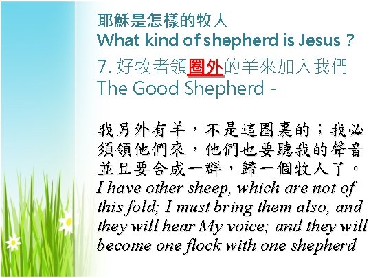 耶穌是怎樣的牧人 What kind of shepherd is Jesus？ 7. 好牧者領圈外的羊來加入我們 圈外 The Good Shepherd -