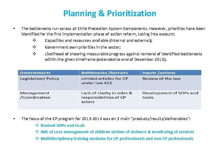 Planning & Prioritization • The bottlenecks run across all Child Protection System Components. However,