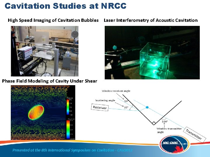 Cavitation Studies at NRCC High Speed Imaging of Cavitation Bubbles Laser Interferometry of Acoustic