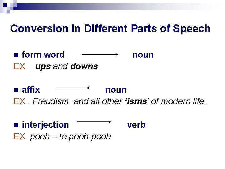 Conversion in Different Parts of Speech form word EX ups and downs noun affix