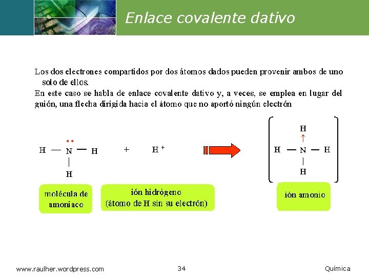 Enlace covalente dativo www. raulher. wordpress. com 34 Química 