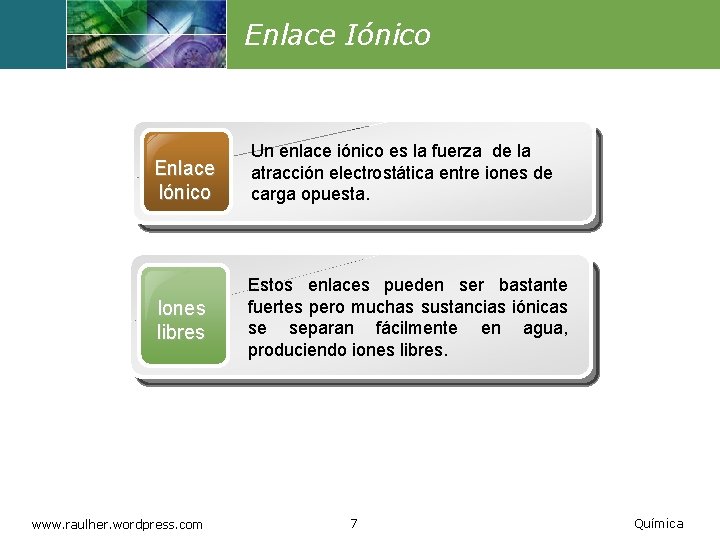 Enlace Iónico Un enlace iónico es la fuerza de la atracción electrostática entre iones