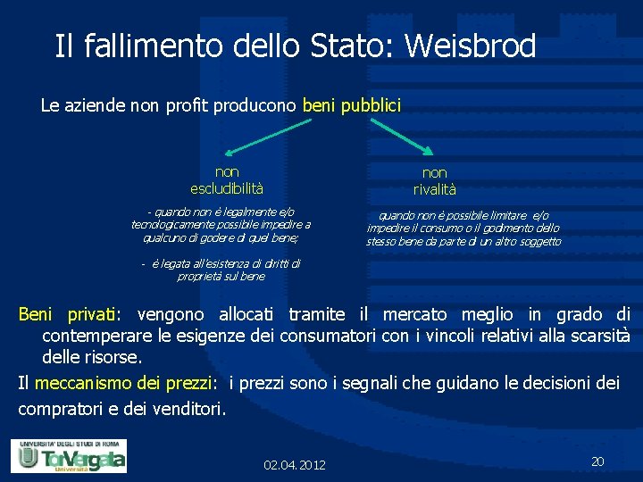 Il fallimento dello Stato: Weisbrod Le aziende non profit producono beni pubblici non escludibilità