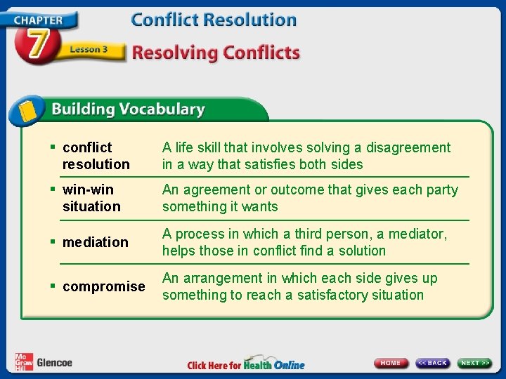 § conflict resolution § win-win situation A life skill that involves solving a disagreement § conflict resolution § win-win situation A life skill that involves solving a disagreement