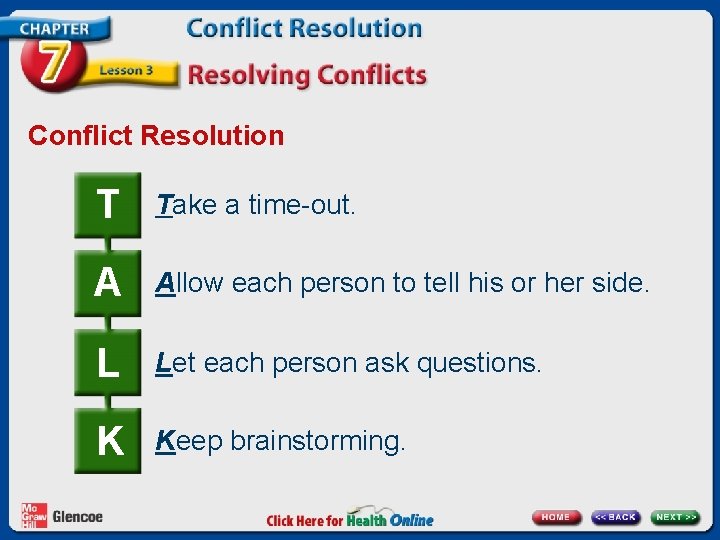 Conflict Resolution T Take a time-out. A Allow each person to tell his or Conflict Resolution T Take a time-out. A Allow each person to tell his or