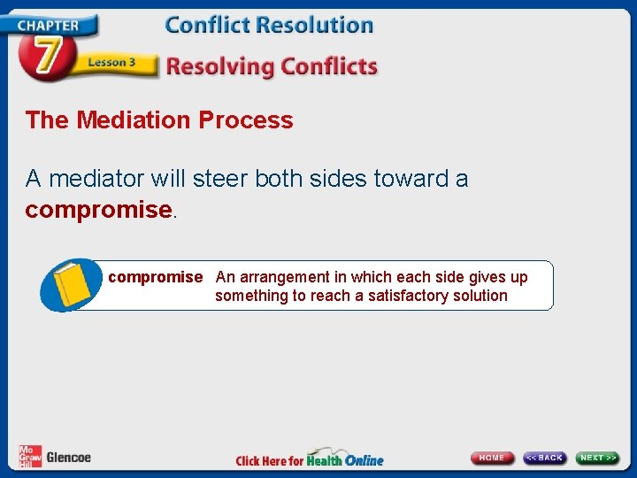 The Mediation Process A mediator will steer both sides toward a compromise An arrangement The Mediation Process A mediator will steer both sides toward a compromise An arrangement