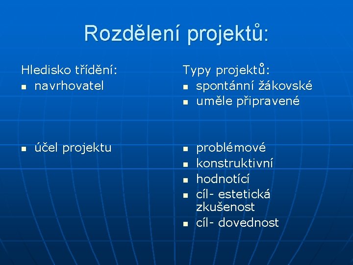 Rozdělení projektů: Hledisko třídění: n navrhovatel n účel projektu Typy projektů: n spontánní žákovské