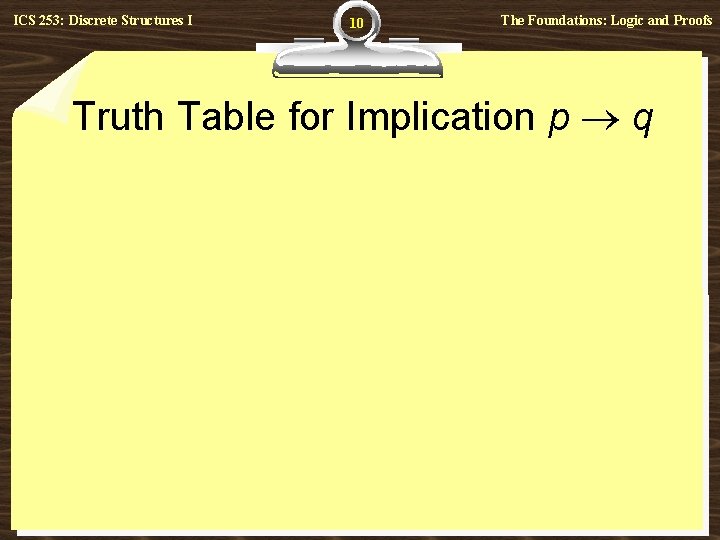 ICS 253: Discrete Structures I 10 The Foundations: Logic and Proofs Truth Table for