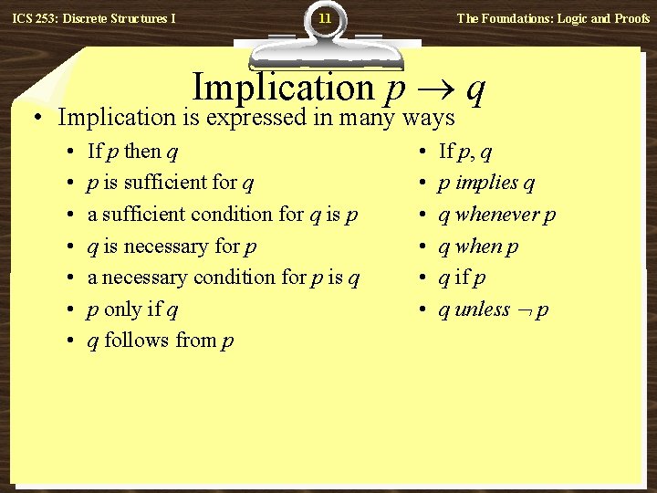 ICS 253: Discrete Structures I 11 The Foundations: Logic and Proofs Implication p q