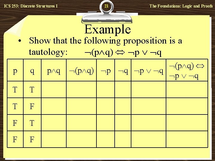 ICS 253: Discrete Structures I 21 The Foundations: Logic and Proofs Example • Show