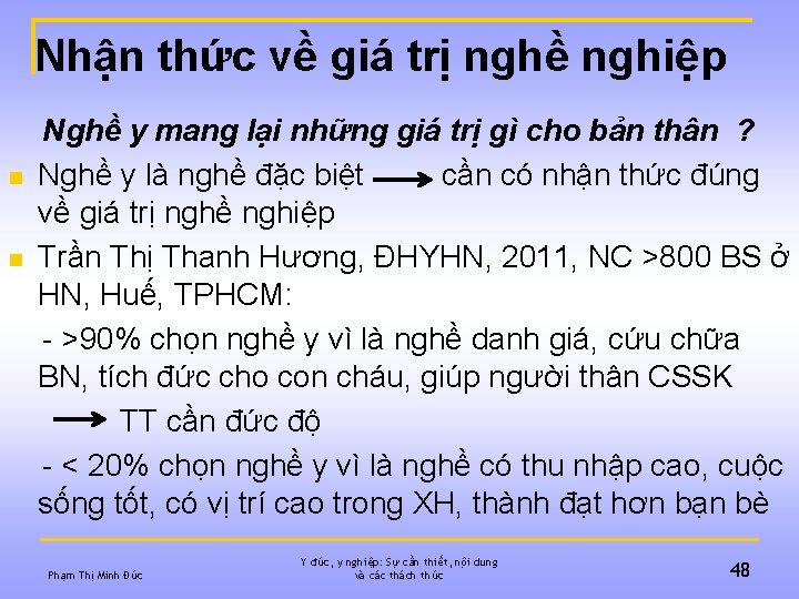 Nhận thức về giá trị nghề nghiệp n n Nghề y mang lại những