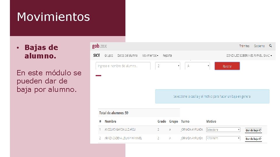 Movimientos • Bajas de alumno. En este módulo se pueden dar de baja por Movimientos • Bajas de alumno. En este módulo se pueden dar de baja por