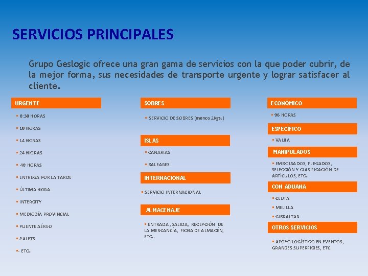 SERVICIOS PRINCIPALES Grupo Geslogic ofrece una gran gama de servicios con la que poder